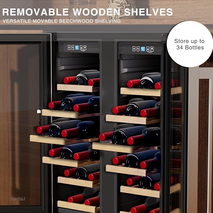 34 Bottles Wine Cooler, 24 Inch Wine Fridge Dual Zone, Built-in or Under Counter, 41-64°F Digital Touchscreen, Triple-Layer Glass, Two French Door Wine Cellar for Home, Commercial, Bar