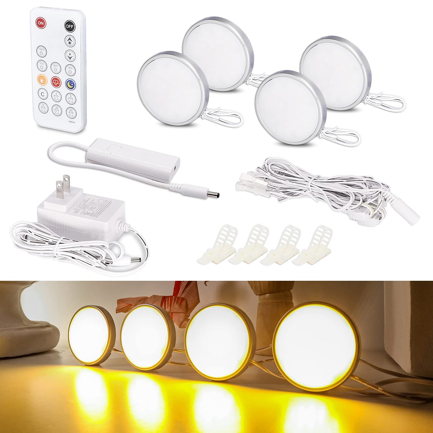 WOBANE LED Puck Lights Kit, Dimmable Under Cabinet Lighting, 700lm, 2700K Warm White, 4 Pack, Silver Housing, Model CS211