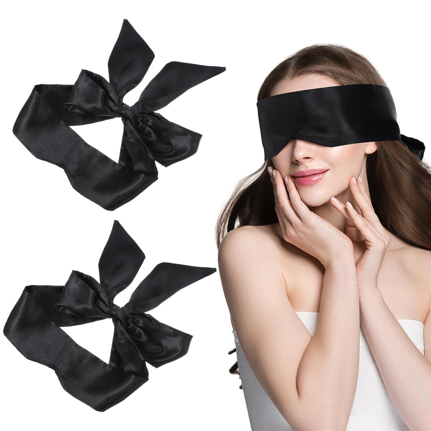 2Pcs Satin Eye Mask Sleep Mask, Adjustable Blindfold Soft Satin Eye Covers Blind Fold Valentine's Day Gifts for Women for Travel, Nap, Meditation,150cm/59inch (Black)