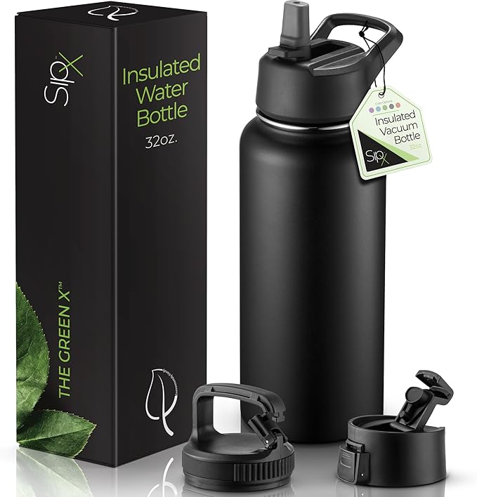 SipX™ Triple-Insulated Stainless Steel Water Bottle 32oz. With 3 Lids, BPA-Free Reusable Insulated Water Bottle Keeps Cold 24 Hours, Metal Water Bottle Made Of Sustainable Material For Hiking & Biking