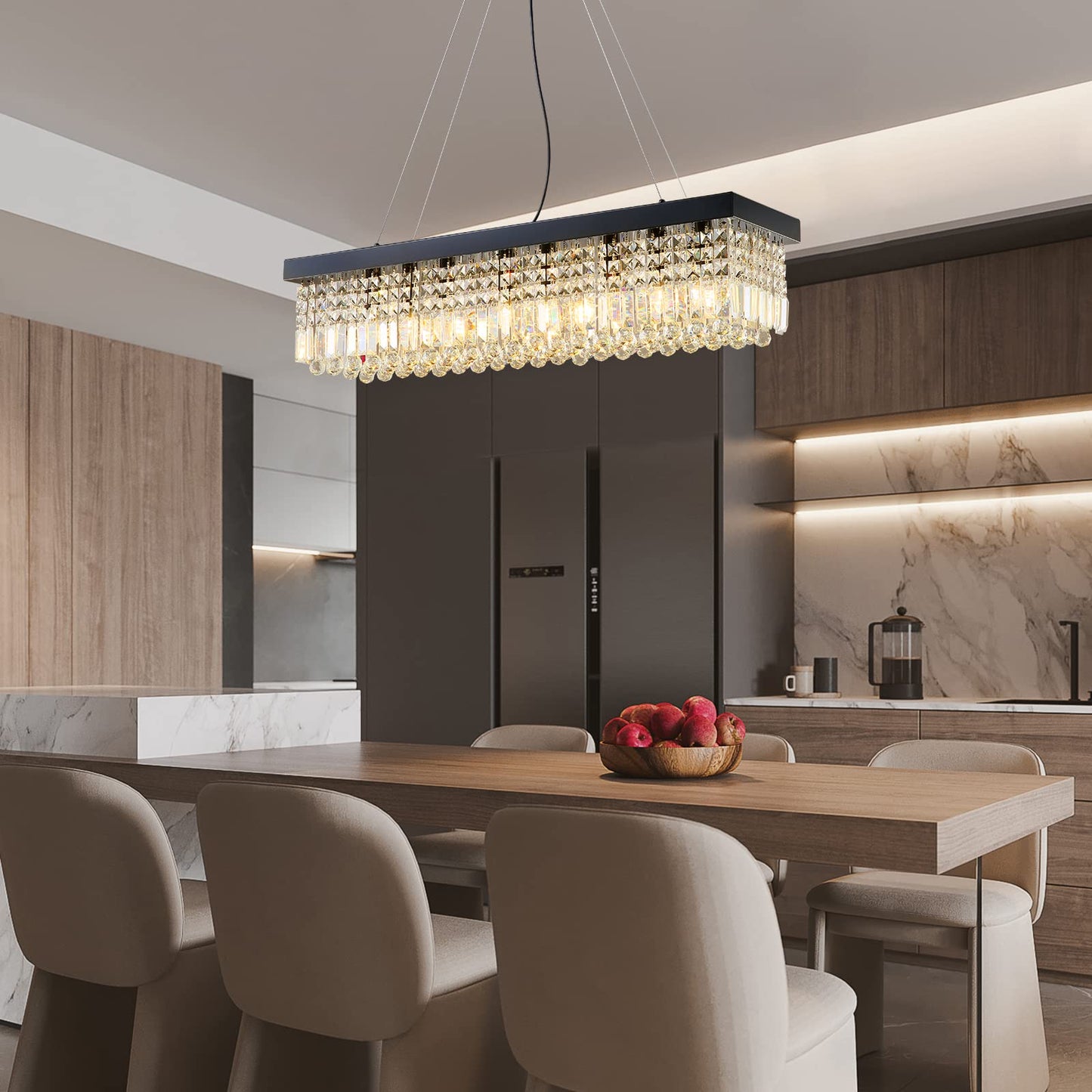 7Pm K9 Crystal Chandelier - Modern Rectangular Pendant Lighting, L40 X W10 X H10, Black Stainless Steel, Model Cl010842