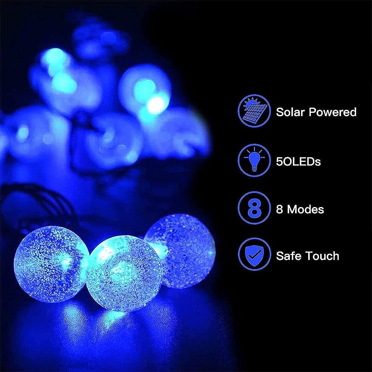 Lezonic Solar Outdoor String Lights, 50 LED, 24 Ft, 8 Lighting Modes, Waterproof, Blue for Garden, Patio, Party, Halloween