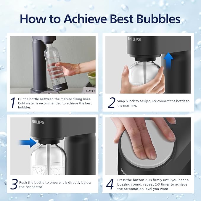 Philips Sparkling Water Maker ADD4901BKOQ/37, Plastic Soda Streaming Machine with Quick Twist Bottle, 1L BPA free PET Carbonating Bottle, Soda Maker Compatible with 60L CO2 Carbonator (NOT Included)