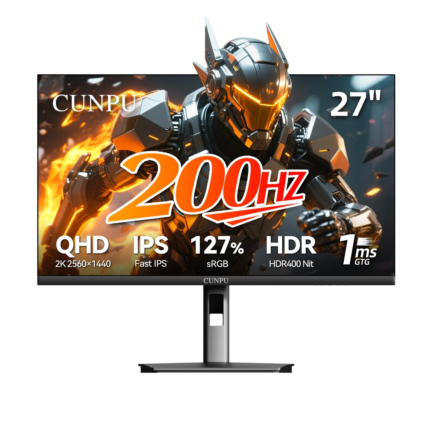 CUNPU 27 Inch QHD 2560 x 1440 Gaming Monitor, 180Hz (Up to 200Hz),1ms GTG, Fast IPS, DCI-P3 93%, High Brightness 450cd/㎡, G-Sync & FreeSync, Tilt Stand, DP/HDMI, 144Hz 2K Monitor