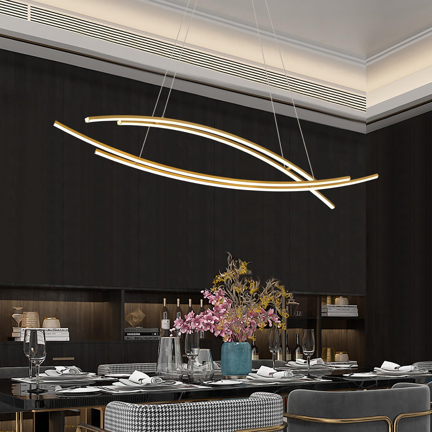 AIRYPHANT 48in Modern LED Chandelier 4-Light Dimmable Pendant Light Remote Control Gold P2018