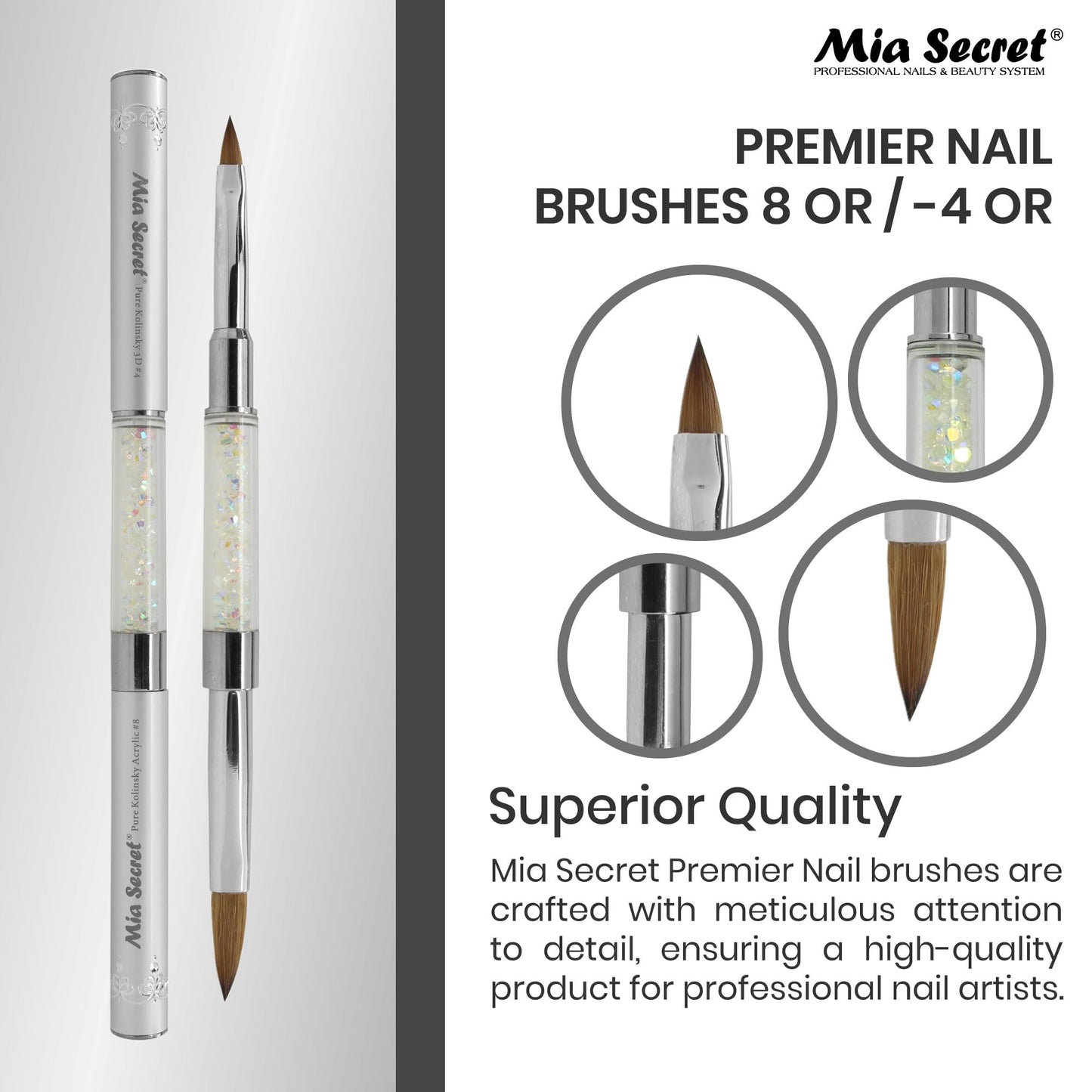 Mia Secret PREMIER NAIL BRUSHES 100% Kolinsky Hair MADE IN USA Prenium Nail Art Brushes (Silver, 8 OR / -4 OR)
