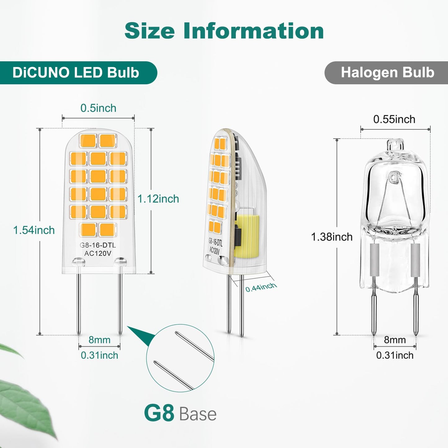 DiCUNO G8 LED Bulb Dimmable, Equivalent to G8 Halogen Bulb 20W, Warm White 2700K, 2W, 120V, T4 JCD Type Bi-Pin Base Light Replacements for Under Cabinet, Puck Light, 10-Pack