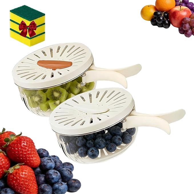 Draining and Preservation Basket, 2-in-1 Draining and Preservation Basket: Simplify Washing & Storing, Multifunctional Fruit Washing Bowl, Fruit Washing Baskets (White+Brown, Big)