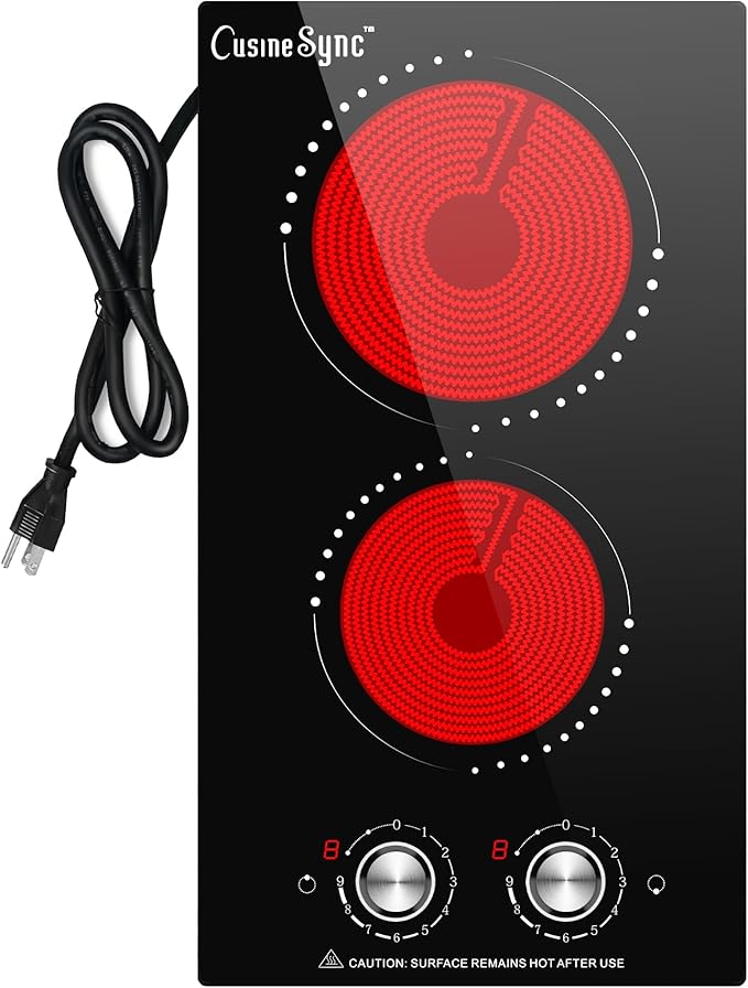 12 Inch Electric Cooktop, 2 Burner Electric Stove Top with 9 Power Levels, Knob Control, Auto shutdown and Residual Heat Warning, 2000W, Ideal for Countertop & Built-In Use (110-120V)