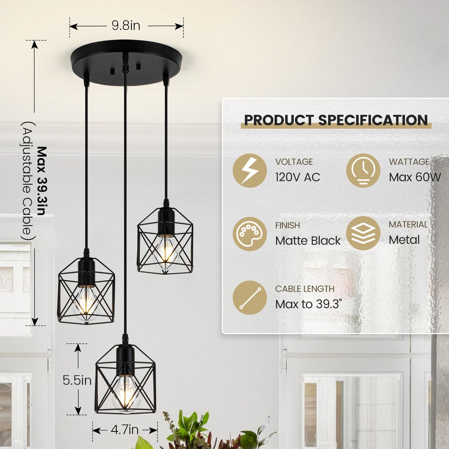 Rocunsi 3-Light Pendant Light Fixtures  Farmhouse Hanging Pendant Lighting  Dining Room Chandelier  Industrial Kitchen Island Hanging Light Fixture  Black Metal Cage Pendant Ceiling Lamp For Kitchen