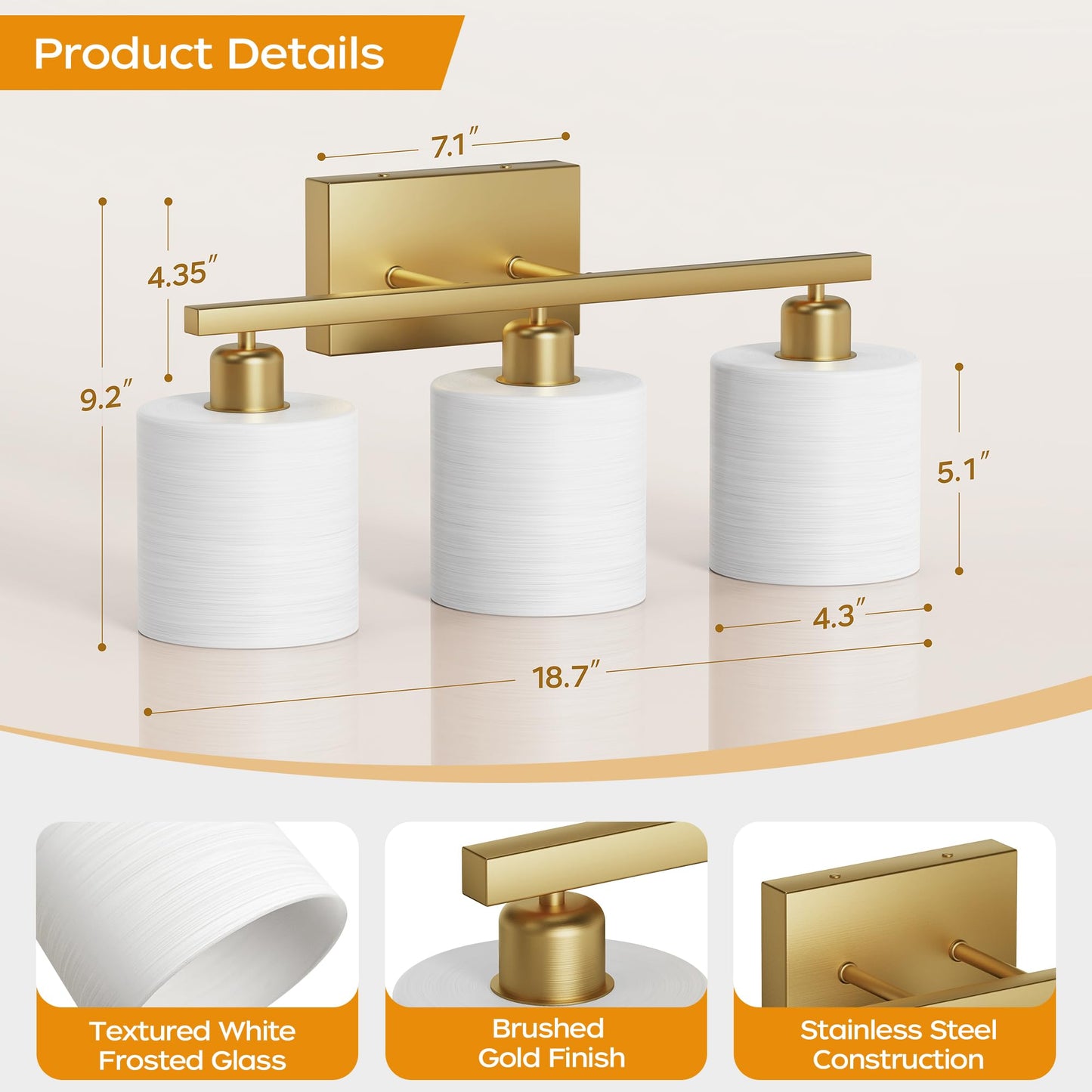 PARTPHONER Bathroom Light Fixtures, Bathroom Lighting Fixtures Over Mirror, Interior Classic Vanity Lights, Modern Vanity Light with Textured White Glass Shade, Brushed Gold, 3-Light