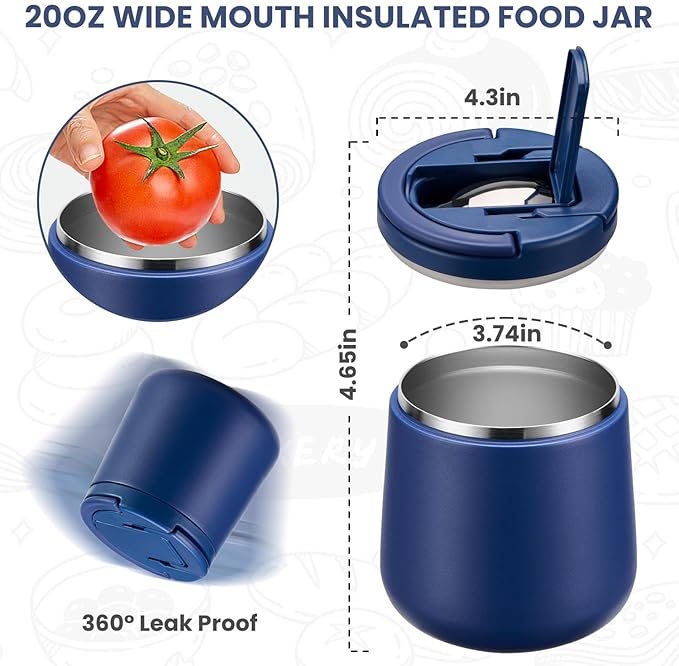 Kids Thermo for Hot Food 20oz Lunch Containers with Buckle Lid Wide Mouth Hot Food Jar Vacuum Insulated Stainless Steel Bento Box Leakproof with Spoon(Blue)