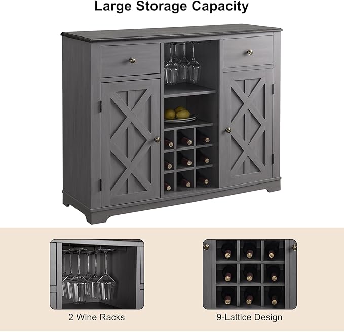Rustic Wine Cabinet with Wine Rack and Lattice, Sideboard Buffet Cabinet with Drawers, Multifunctional Storage Cabinet for Kitchen, Dining Room, 47 Inch (Gray)