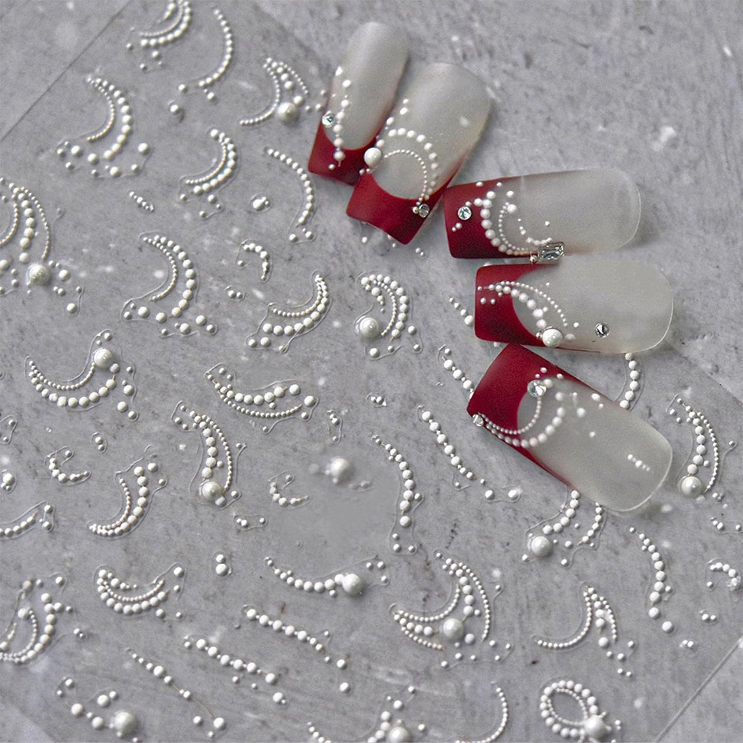 White French Tip Pearl Line Nail Art Stickers 5D Embossed Romantic French Tip Nail Decals for Women Girls Valentine's Nail Art D