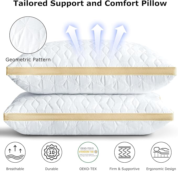 Pillows Queen Size Set of 2, Luxury Hotel Queen Size Pillows, Supportive Down Alternative Queen Pillows, Medium Firm Gusseted Bed Pillows for Sleeping, 2 Pack Queen Size Pillows Washable