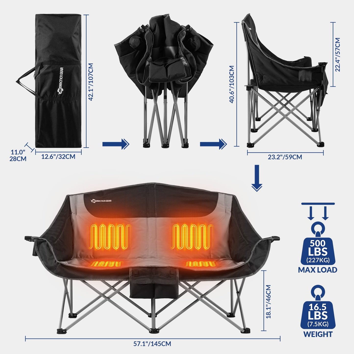 ANTARCTICA GEAR Heated Double Camping Chair, 2-Person Folding Chair with 12V 16000mAh Battery Pack, Heated Portable Loveseat Chair, for Outdoor