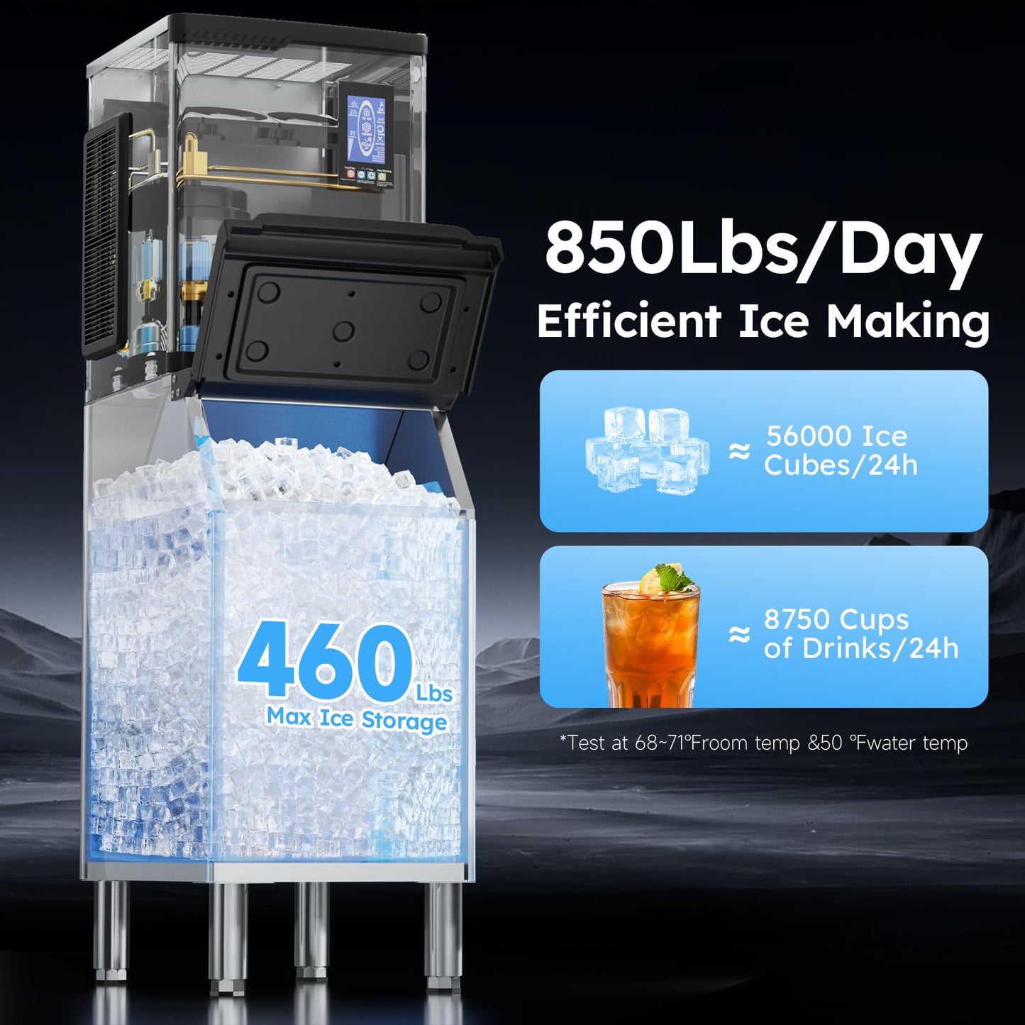 Commercial Ice Machine 850LBS/24H,Storage 460LBS,Large Industrial Ice Maker,Ice Ready in 5-15min,with Self-Cleaning Mode,with Timing Function,30 Levels of Ice Thickness Adjustment,Stainless Steel