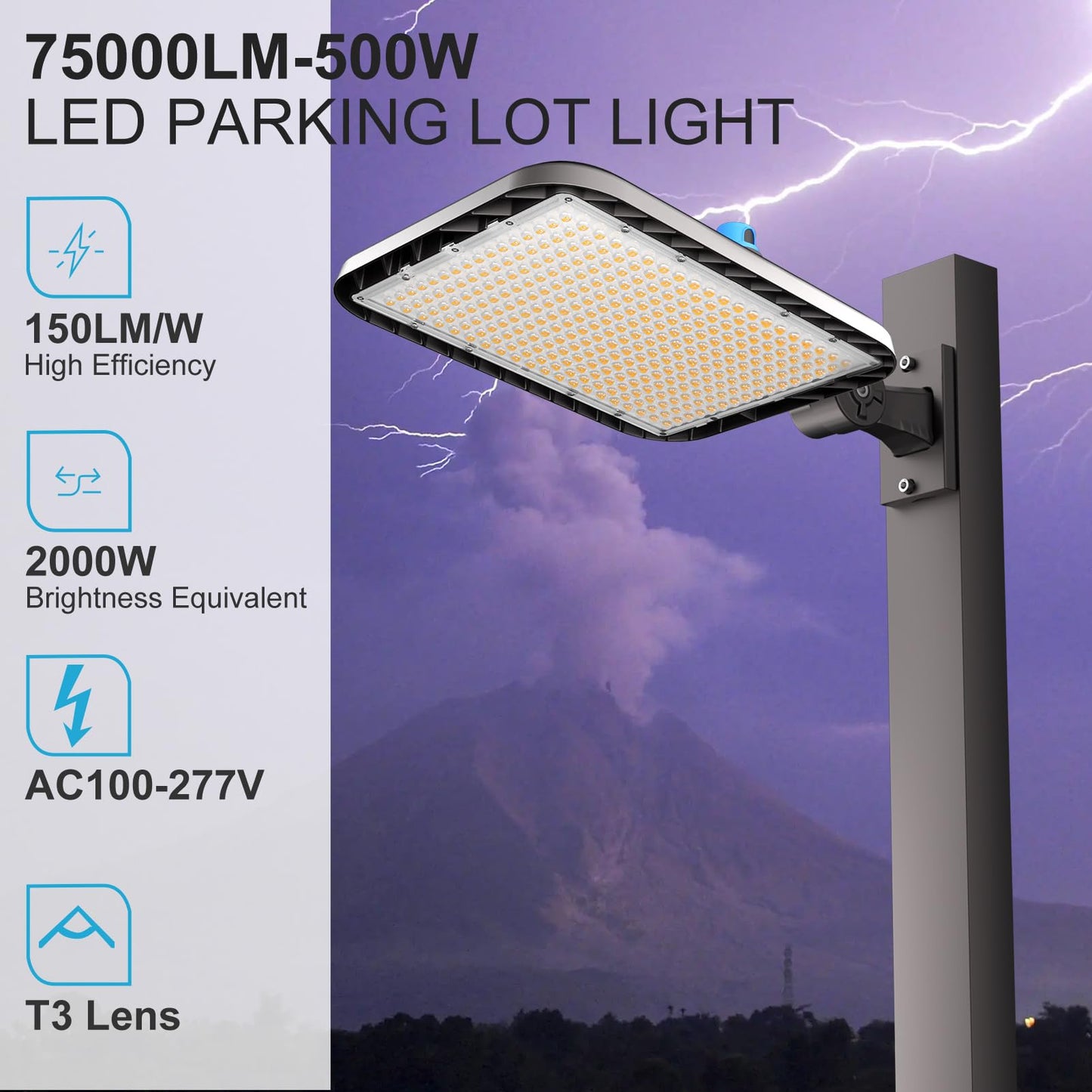 Lightdot 500W Parking Lot Lighting 75000Lm 5000K Led Parking Lot Lights With Dusk To Dawn Photocell  Ip65 Waterproof Arm Mount-2Pack (Coverage: 66~121Ft At Height:30~55Ft)