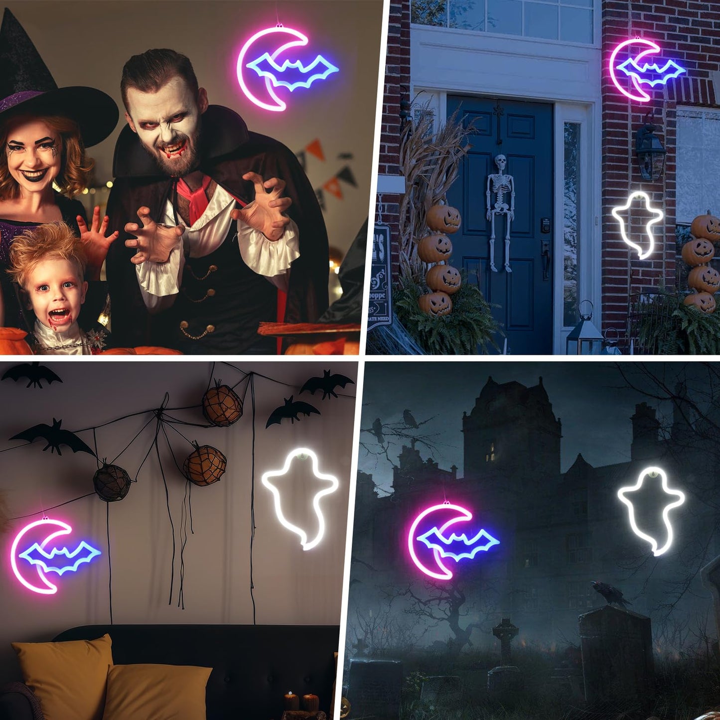 Brightdeck 2 Pack Halloween Neon Signs  White Ghost  Blue Bat Full Moon Neon Lights Decorations  Usb/Battery Powered Led Neon Sign For Halloween Wall Decor  Bedroom  Kids Gift  Living Room  Bar  Party (Half Moon)