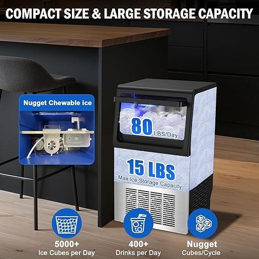 Nugget Ice Maker, 80 LBS/Day with 15 LBS Storage Bin, Freestanding Undercounter Ice Maker Machine Stainless Steel, Soft Chewable Pellet Ice Machine for Home Bar Kitchen Office, Self-Cleaning