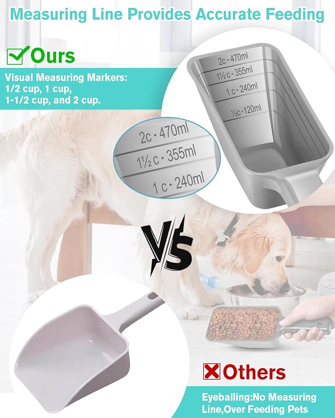 2 Cup Dog Food Scoop(2 Pack), Plastic Pet Food Scoop with Measuring Lines for Accurate Pet Food Portions,Dishwasher Safe (Black and Grey)
