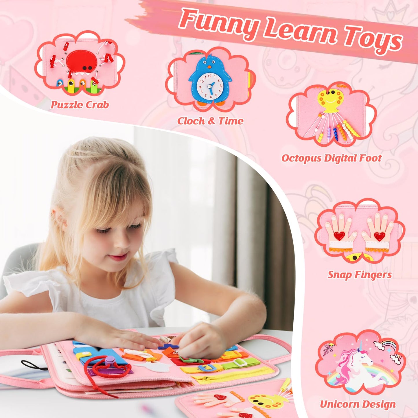 Petenjoy Montessori Busy Board & Busy Book for Toddler 1-3 2-4 – Educational Toys for 1 Year Old Girls, Sensory Activity Board, Fine Motor Skills Learning Gift