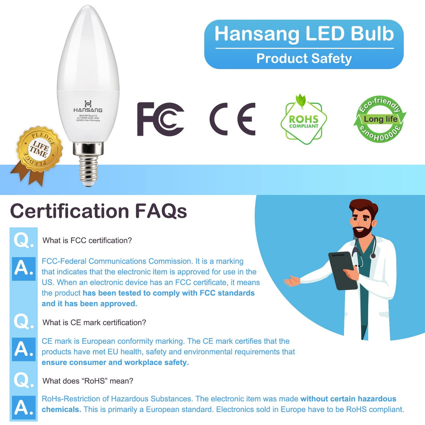 Hansang 8-Pack E12 Candelabra Led Light Bulbs, 6000K Cool Daylight, 6W Equivalent, Non-Dimmable, B11 For Chandelier And Ceiling