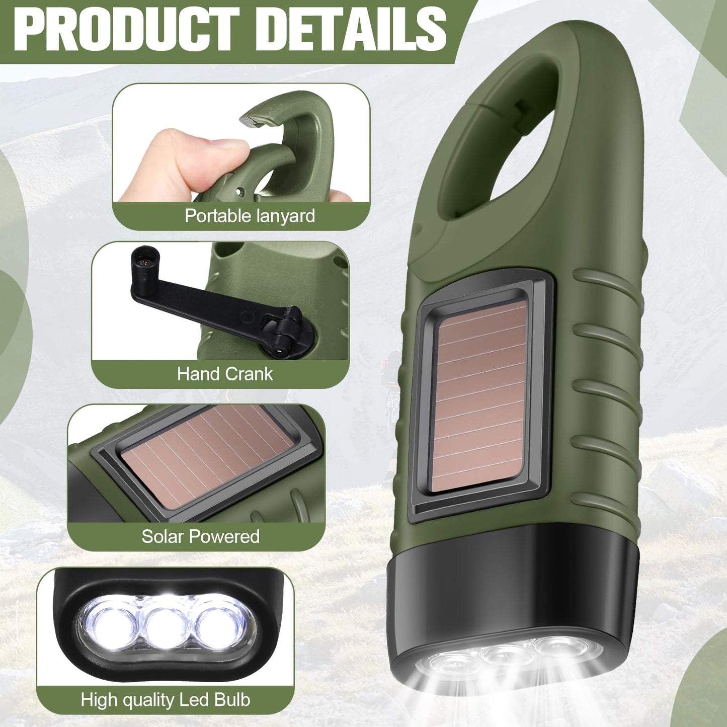 Mudder 6 Pcs Hand Crank Solar Powered Flashlights Emergency Rechargeable Led Handheld Flashlights For Survival Gear Outdoor Sports Camping Hiking Backpack Safety (Green)