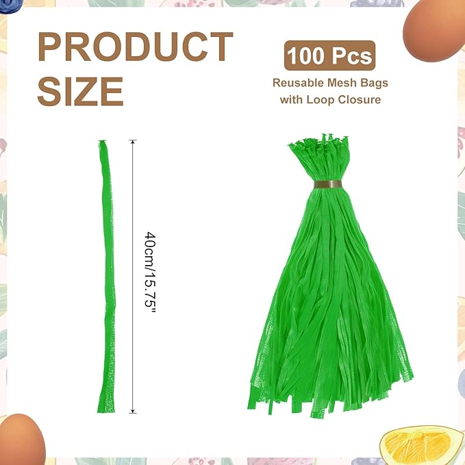 uxcell 100Pcs Reusable Produce Mesh Bags, 40cm Mesh Nylon Netting with Loop-Style Closures, Stretchable Egg Hatching Bags for Fruit Vegetable Storage, Green