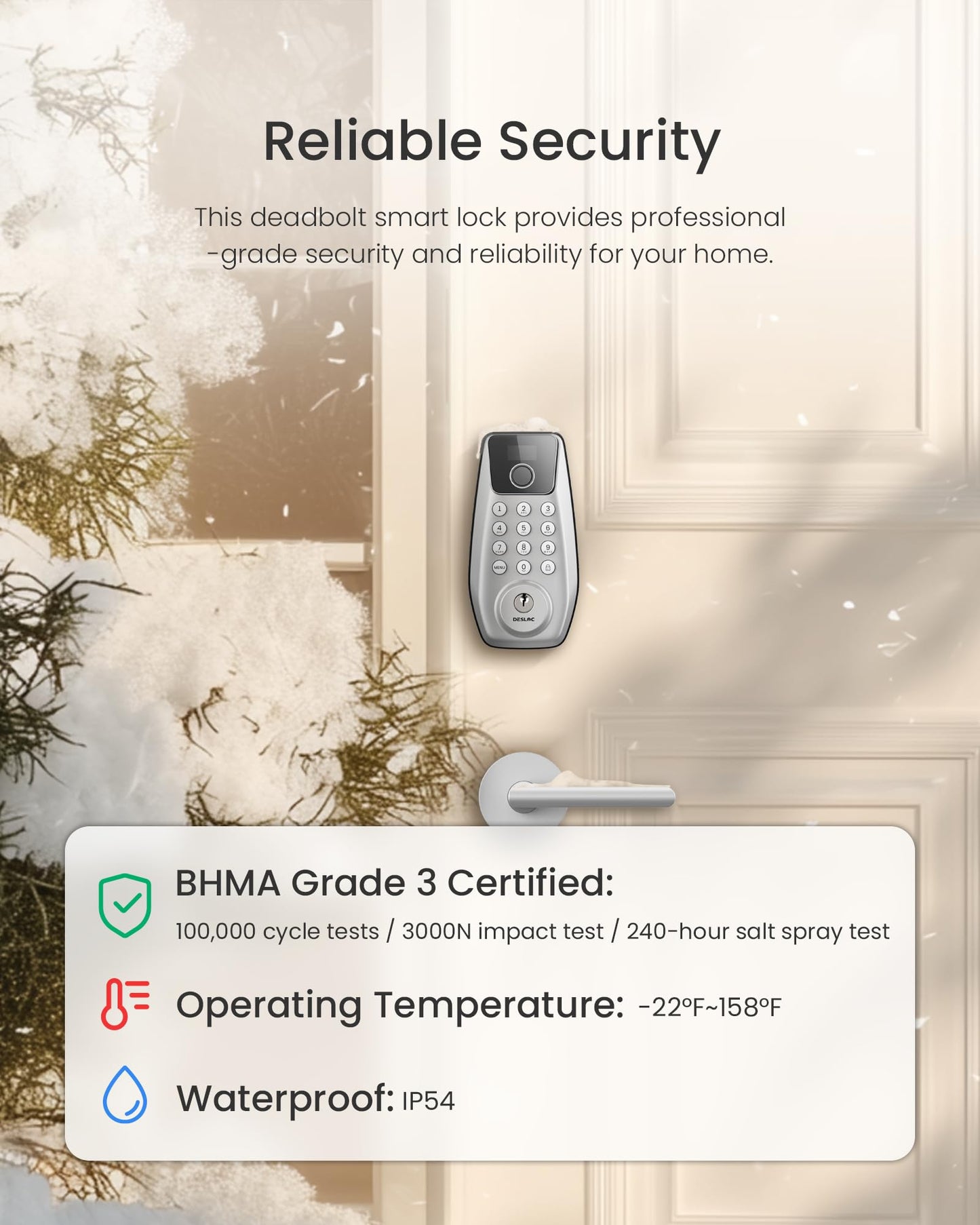 DESLOC C110 Keyless Entry Door Lock with 2 Lever Handles&Smart Screen, Digital Smart Front Door Lock Set, Fingerprint Door Locks, Keypad Deadbolt, Auto-Lock, Backlit Keys, Passage Mode, IP54 Silver