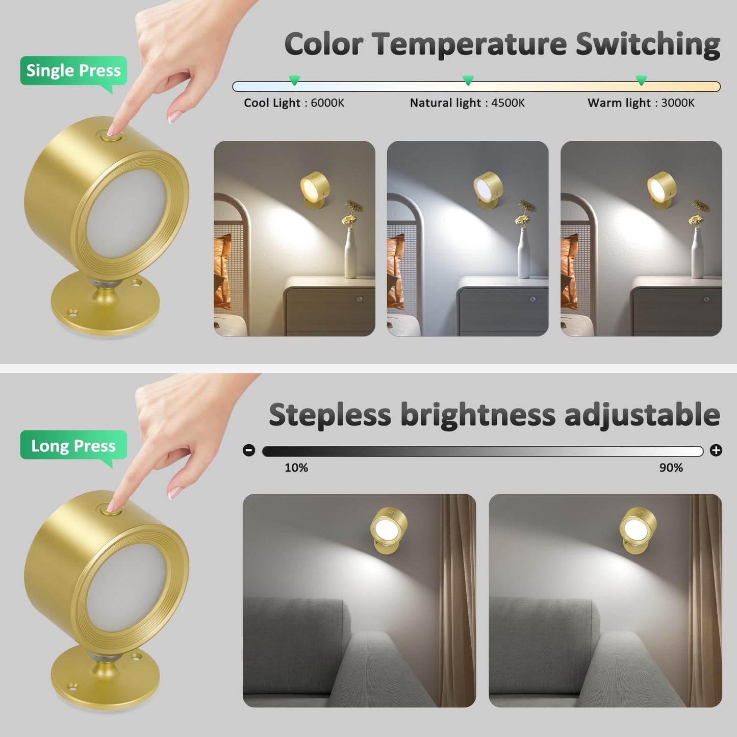 Lightbiz LED Wall Lights, 2 Pcs, Rechargeable, Dimmable, 3 Color Temperatures, Magnetic 360? Rotation, Gold, Model X120