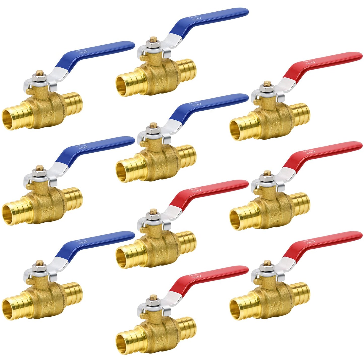 10pcs PEX Ball Valves, 3/4" PEX Brass Full Port Shut Off Ball Valve, Full Port Shut-off Ball Valve, Quarter Turn HOT (RED) COLD (BLUE) of Water Stop Shut off