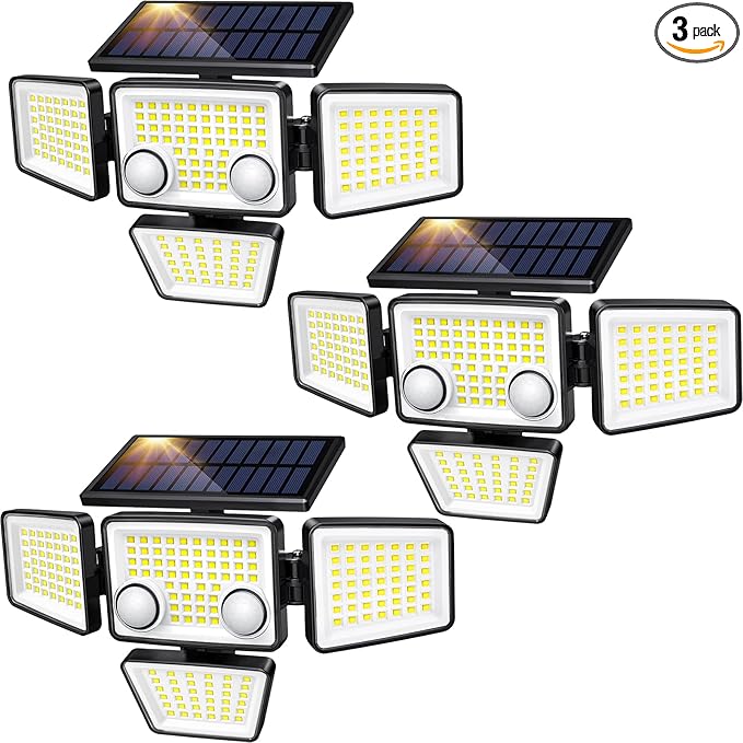 Solar Outdoor Lights - 3000LM 188 LED Motion Sensor Outdoor Lights, 4 Heads Security Light,IP65 Waterproof, Easy Install,270°Wide Angle Flood Wall Light with 3 Modes for Backyard Yard (3 Pack)