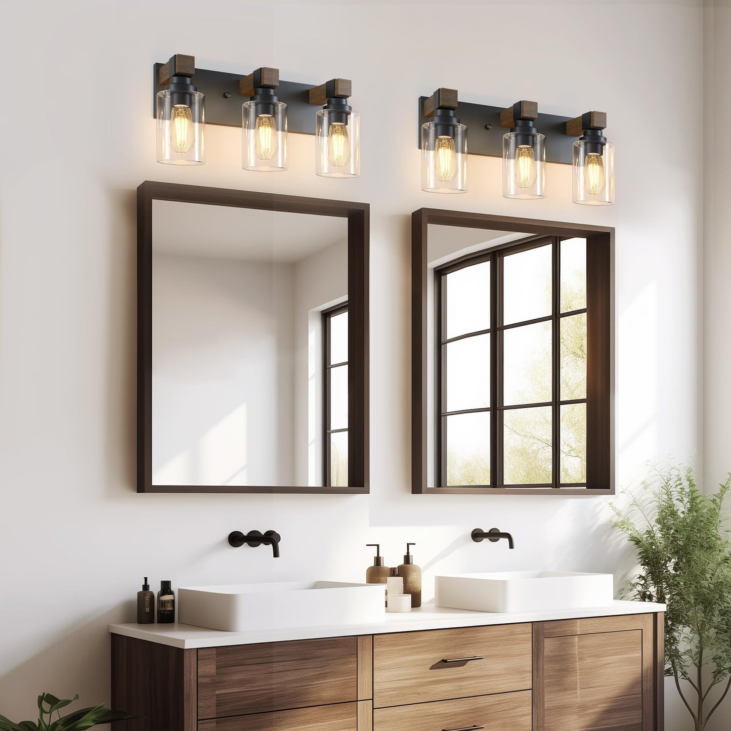 Farmhouse Bathroom Vanity Light Fixtures  Rustic 3-Light Wood Vanity Lights For Bathroom  Vintage Black Wall Sconces Lighting  Light Fixtures Over Mirror  With Glass Shade