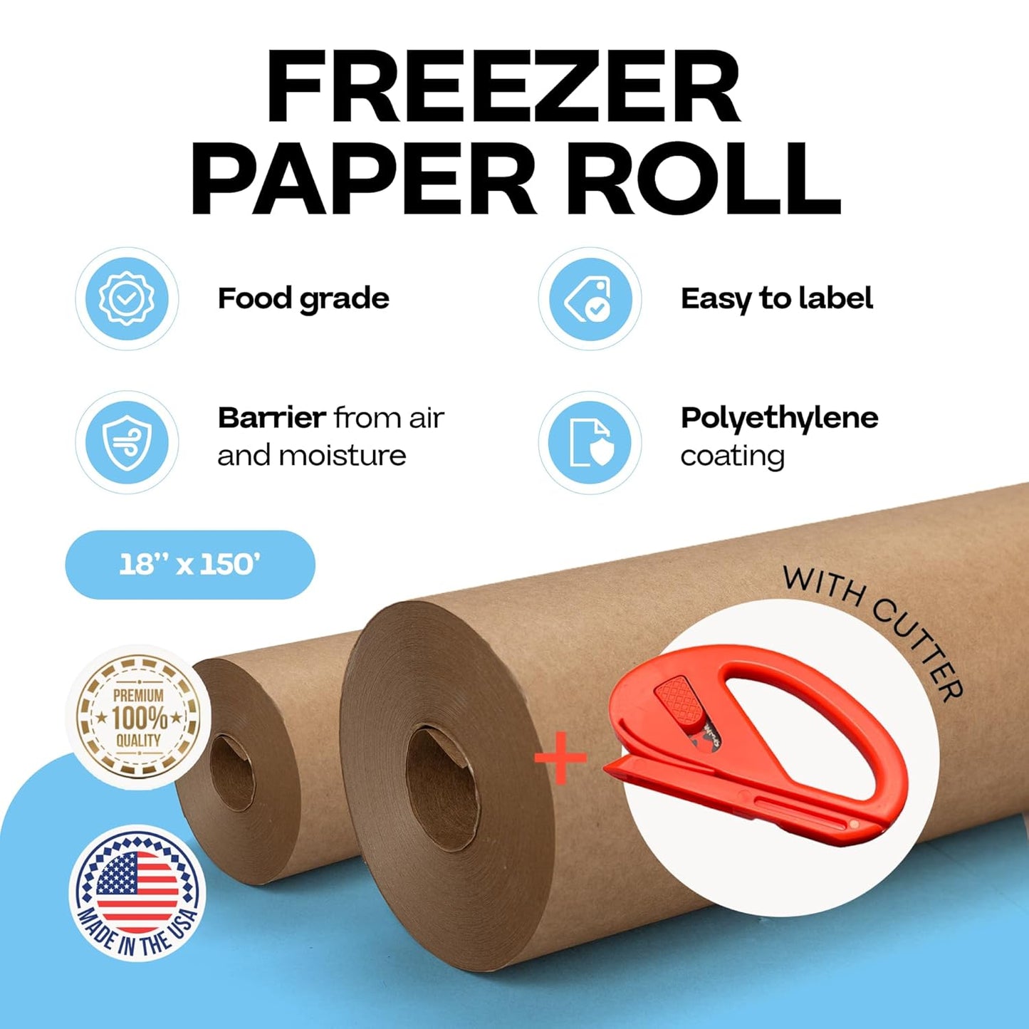 Brown Freezer Paper Roll 18" x 1800" (150 feet) with Cutter - USA-made Freezer Paper for Meat & Fish - Poly-Coated Food Wrapping Material for Freezing - Barrier Against Air & Moisture by IDL Packaging