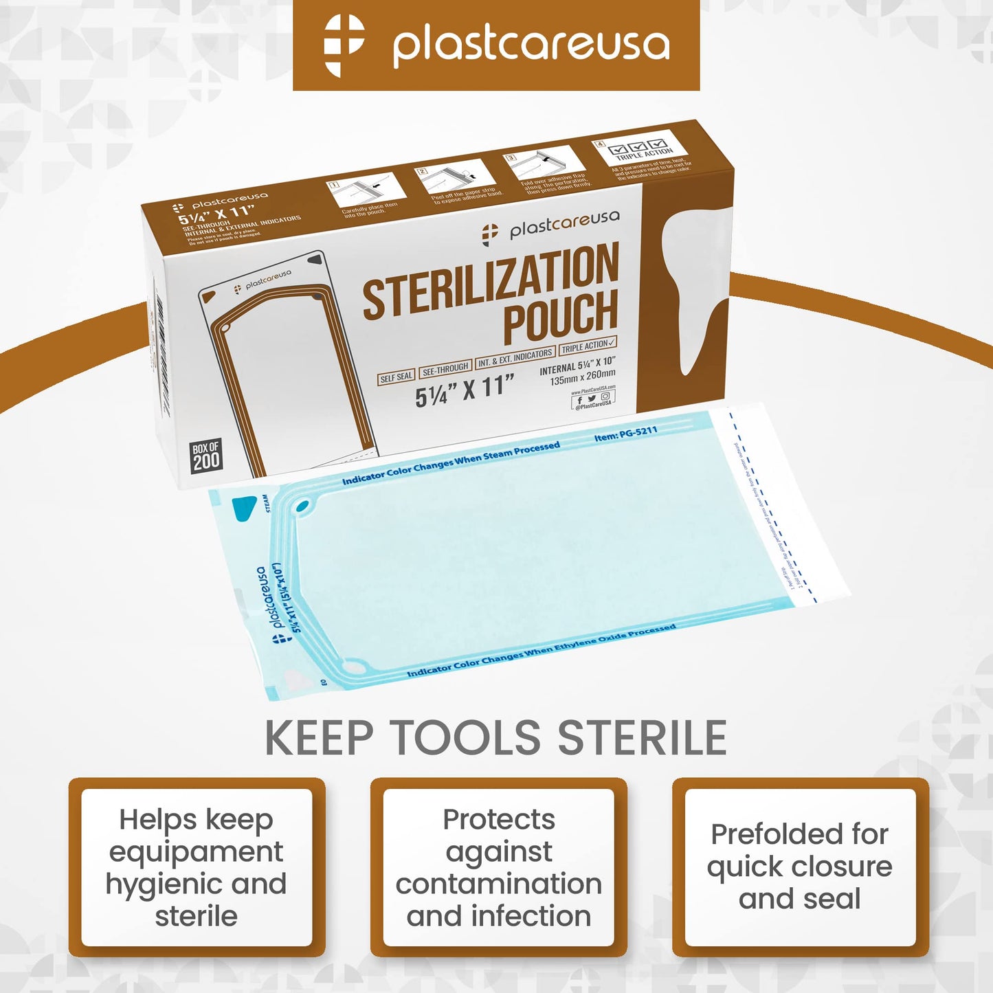 200 5.25 x 10 Self Sealing Sterilization Pouches - Autoclave Sterilizer Bags Pouch for Sterilizing Dental Medical Instruments and Cleaning Tools - Latex-Free, Color Changin Indicator by PlastCare USA