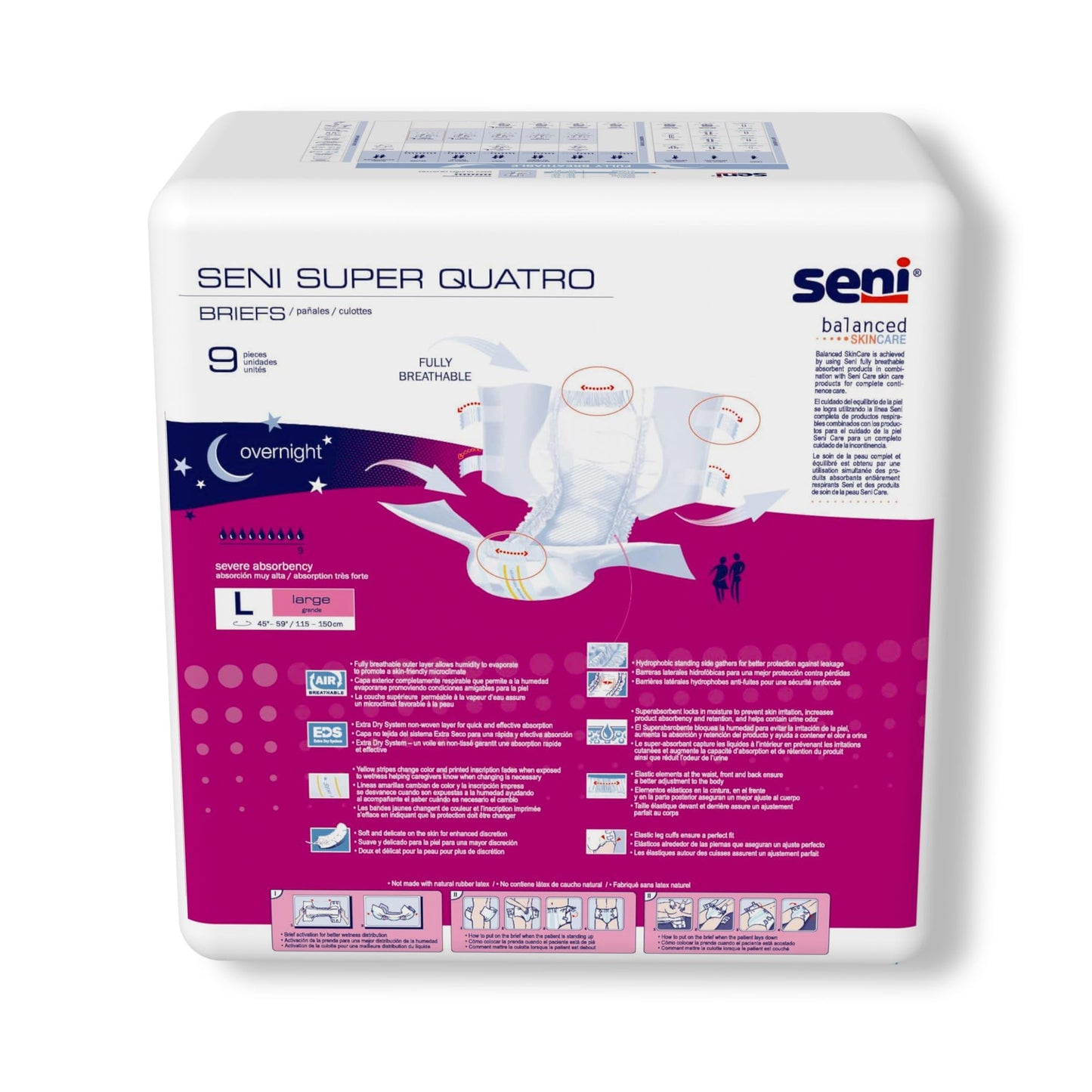 Seni Super Quatro Unisex Adult Incontinence Briefs with Tabs, Size Large (45"-59"), 36 Count (4 Packs of 9), Severe Absorbency, Disposable Overnight Briefs for Men & Women