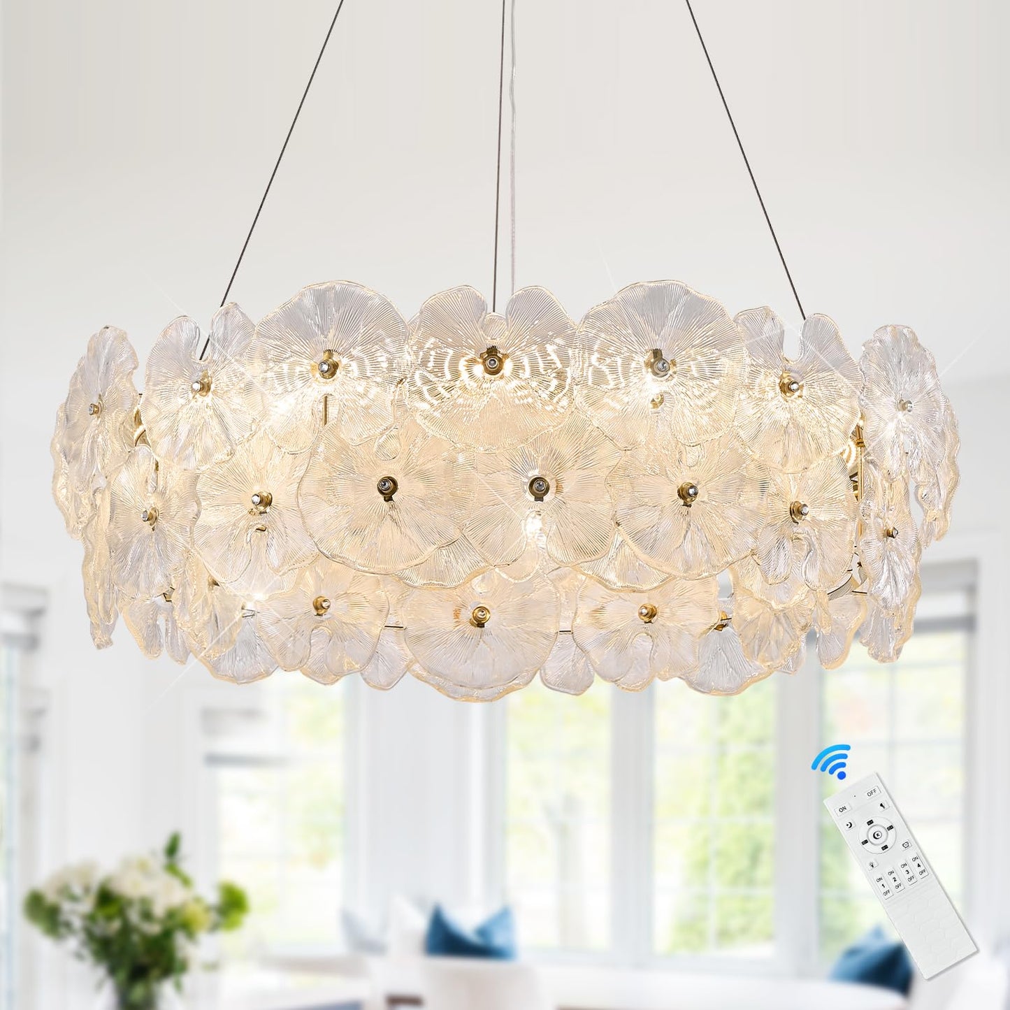 Poemoon 30in Luxury Glass LED Chandelier, Gold-Lotus, Dimmable 3000-6500K, Model P56-800G1, Modern Design for High Ceil