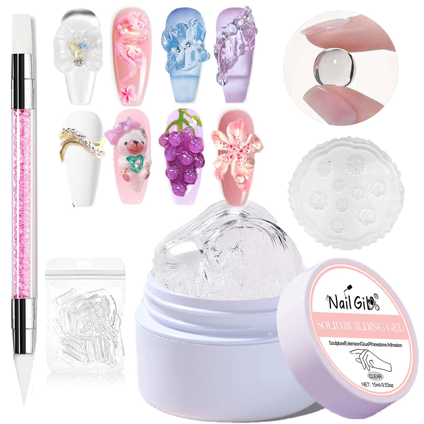 NAILGIL Solid Builder Gel For Nails,3D Nail Art Sculpture Non-Sticky Hand Clear Extension Gel Sock Off UV LED with 3D Silicone F
