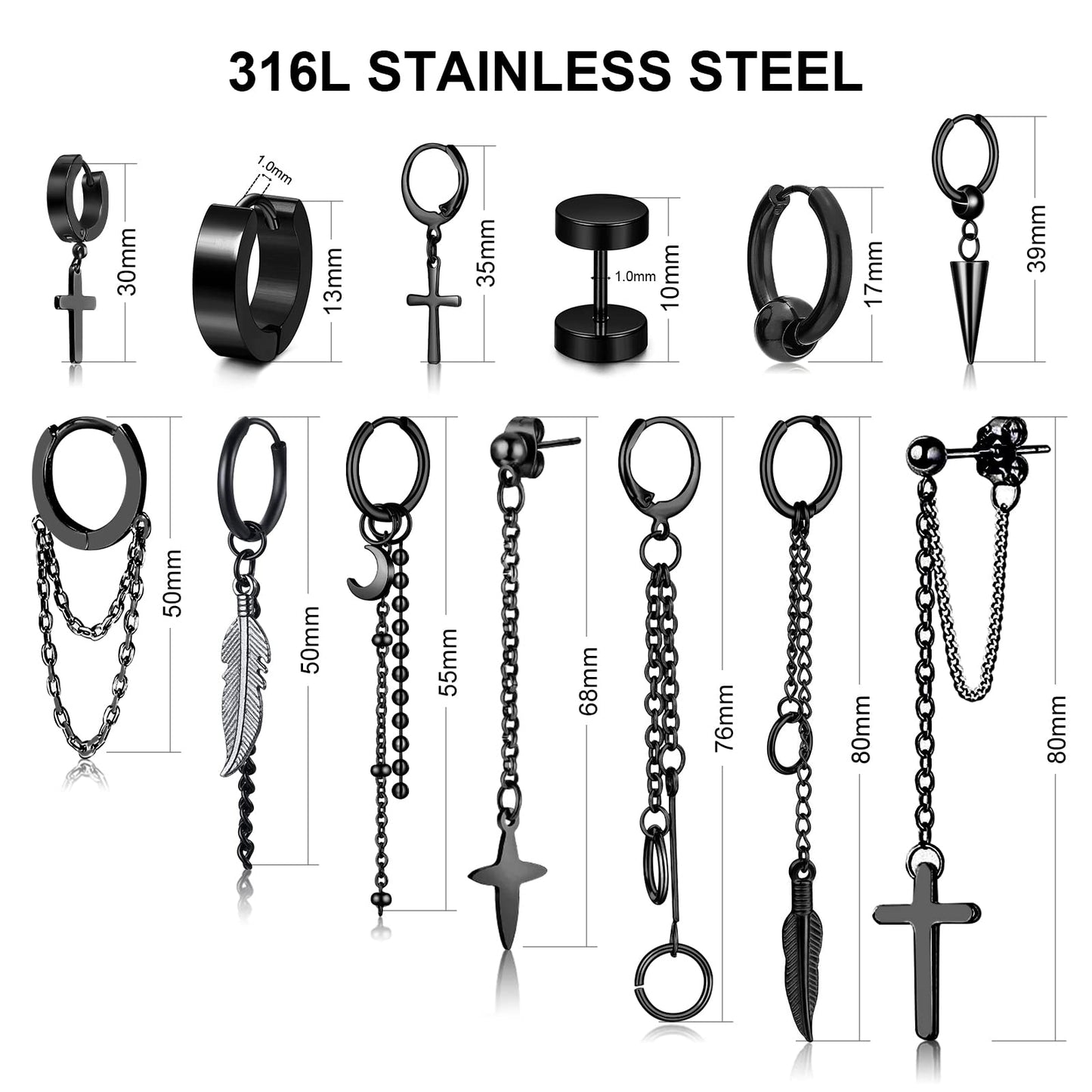 FIFATA 20 Pieces Men Earrings Set - Black Stainless Steel Chain Hoop Earrings Cross Moon and Star Dangle Earrings Piercing Jewel