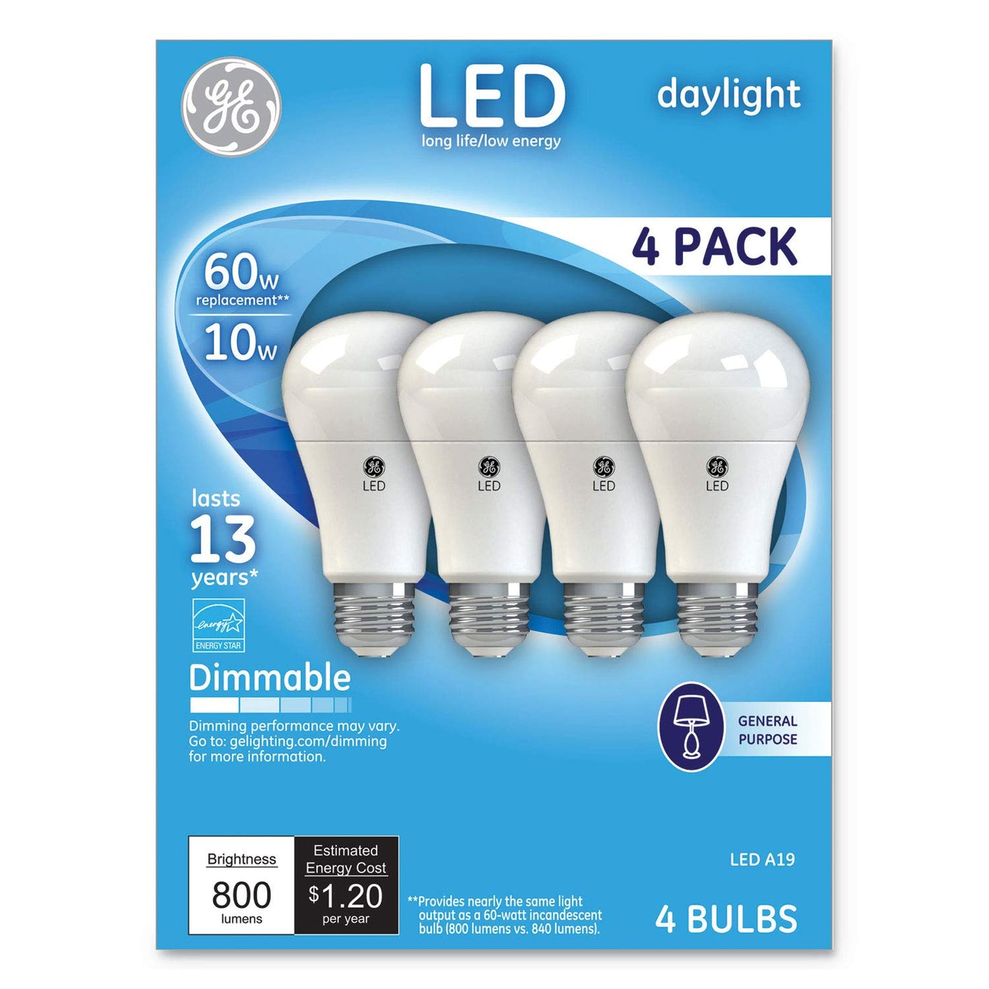 Ge Lighting Led Light Bulbs, 10W (60W Equivalent), Dimmable, Daylight, 4 Count, Medium Base, Model 67616, Glass