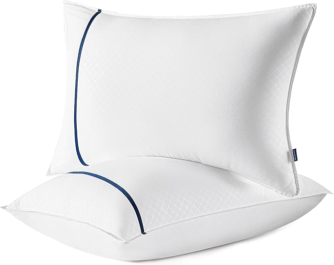 Bedsure Hotel Pillows - Luxury Bed Pillows for Sleeping with Decoration Strip Breathable Cover Soft & Supportive Pillows for Side, Back or Stomach Sleepers (2, Blue, Standard)