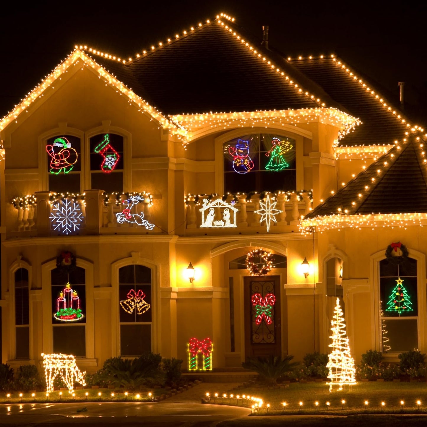 Trwymz Christmas Decorations - 16 Christmas Window Silhouette Lights - 4 Pack Colour Lighted Santa & Snowman & Snowflake & Christmas Tree For Holiday Indoor And Outdoor Wall Door Window Decorate