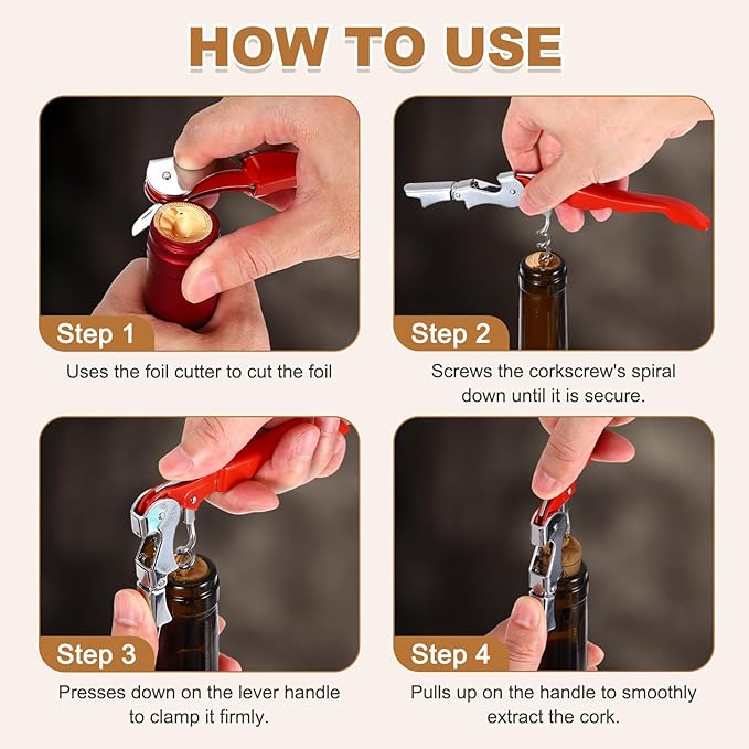 uxcell 4 Pcs 4.8" Stainless Steel Wine Opener, Waiter Corkscrew Professional Wine Key Bottle Opener with Double Hinged Foil Cutter for Bar Servers Waiter Bartender and Home, Pink