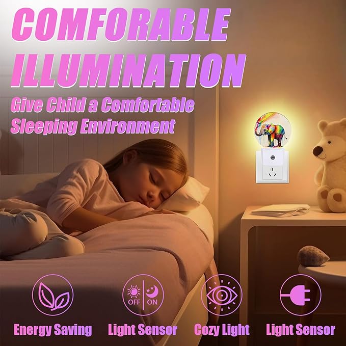 Colorful Elephant Night Light LED Lamp Round Plug into Wall Nightlight with Dusk to Dawn Sensor Home Hallway Stairway Kitchen Decor