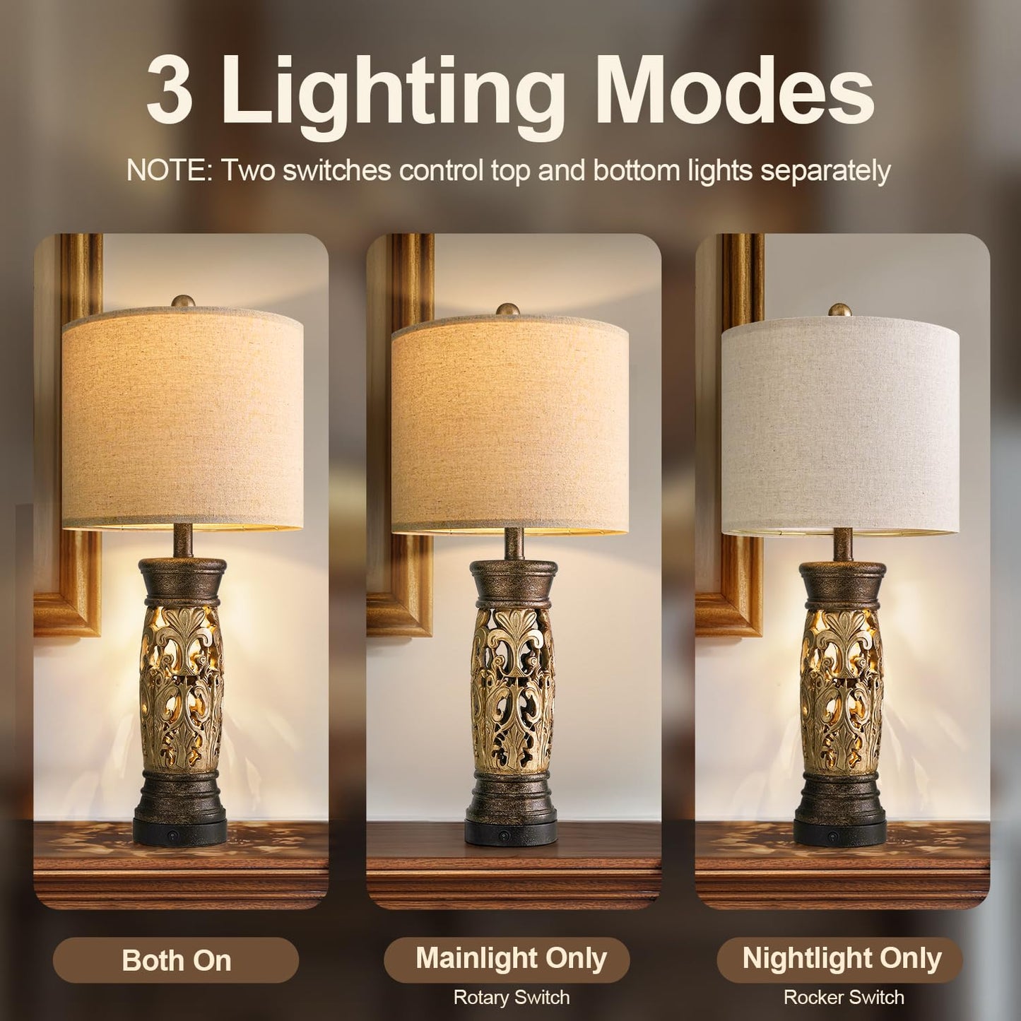 BOBOMOMO Table Lamps Set of 2, 27.25·Antique Gold, Resin, Vintage Design, USB A+C Ports, Bulbs Included