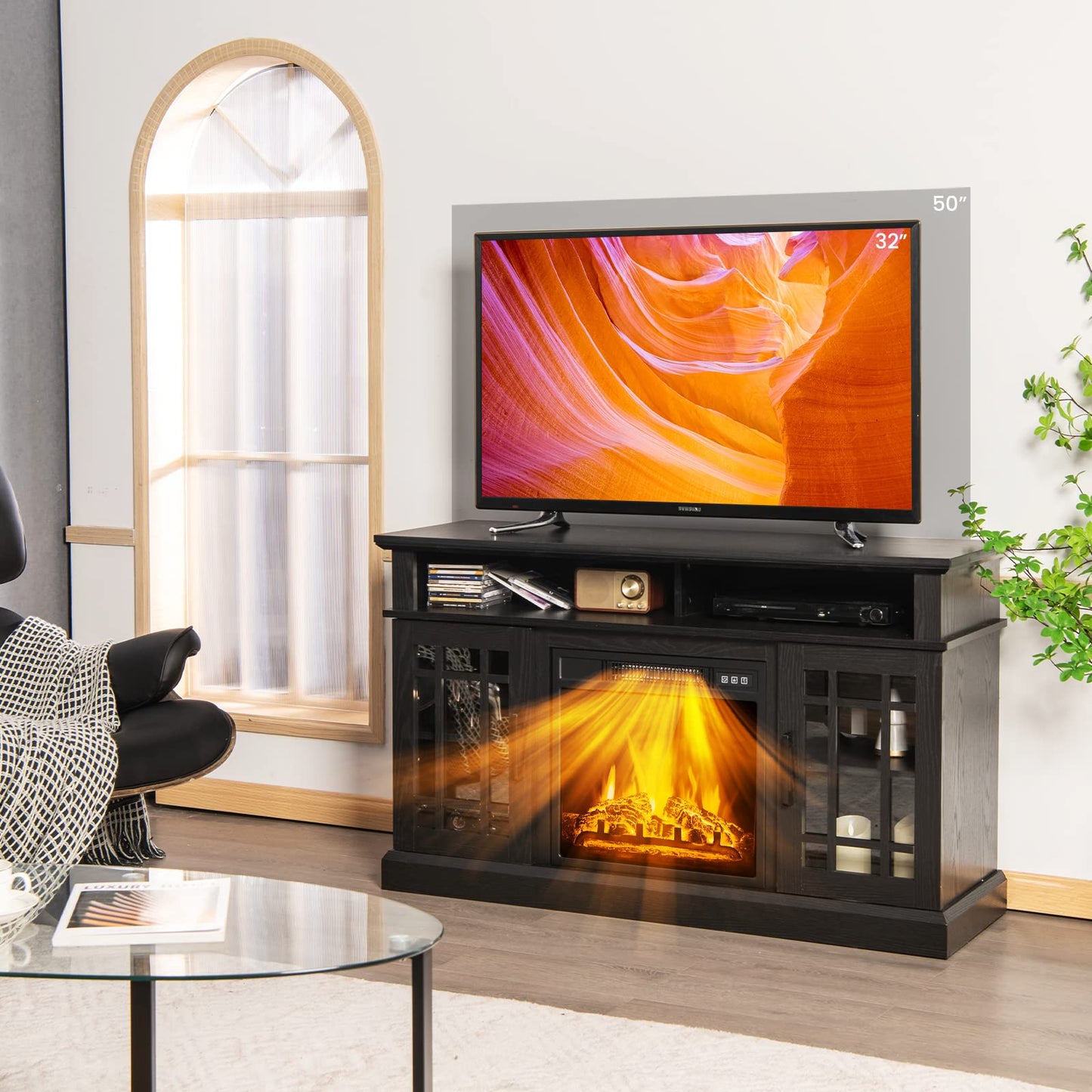 Simoe Modern 48 Inch Electric Fireplace Tv Stand, Tv Console For Tvs With 18 Fireplace Up To 55 Inch With 2 Open Shelves And Cab