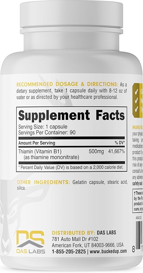Bucked Up Vitamin B1 500mg Capsules, Essentials (90 Servings)