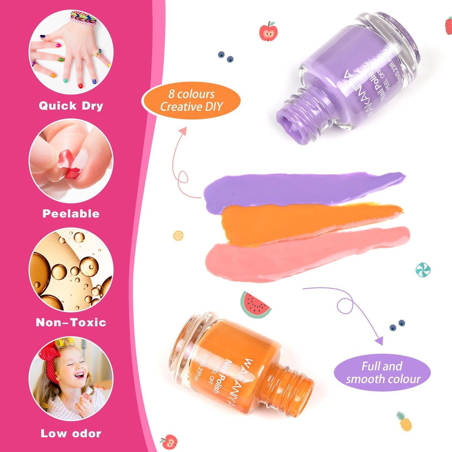 wakaniya Kids Nail Polish Non Toxic Quick Dry Peel-Off Mini Toddler Nail Polish Kit with Gems Stickers 8 Colors Girls Nail Set