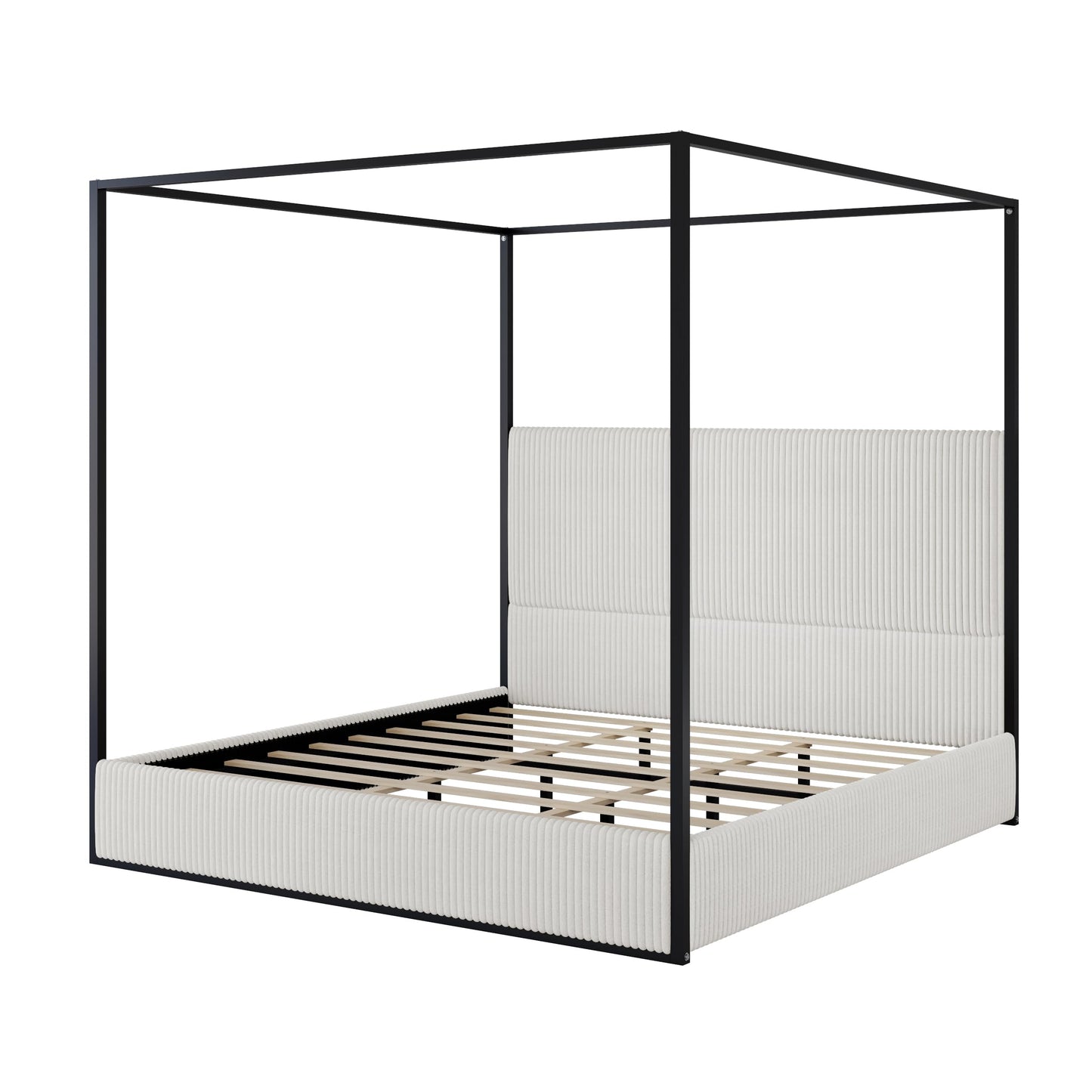 LUMISOL Queen Size Upholstered Canopy Bed, Metal 4 Poster Platform Bed with Tall Corduroy Headboard, Black Canopy Bed Frame with Headboard, No Box Spring Needed, White